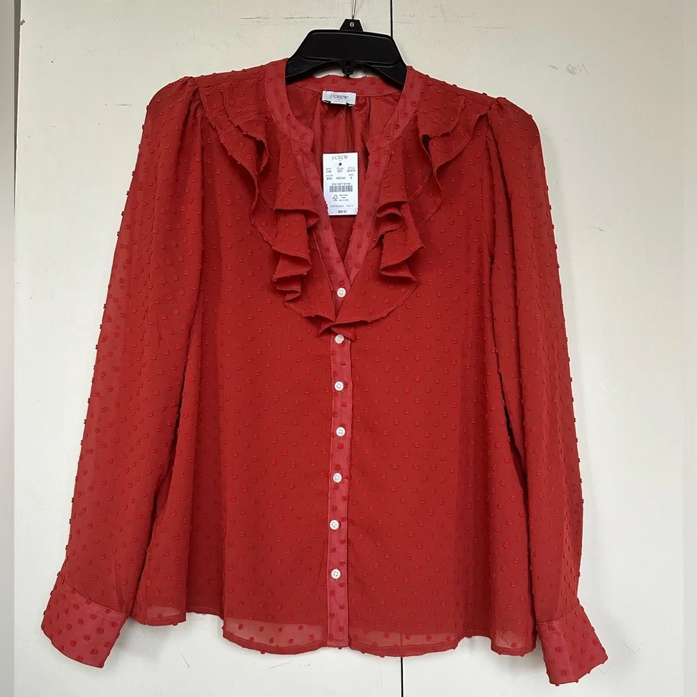 Burnt Orange Polka Dot J. Crew Long Sleeve Blouse Size S NWT - Picture 1 of 10